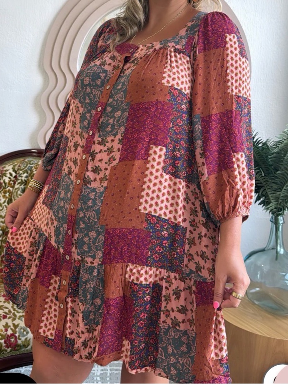 easel Brown and Burgundy Patchwork Mini Dress - Picture 13 of 15